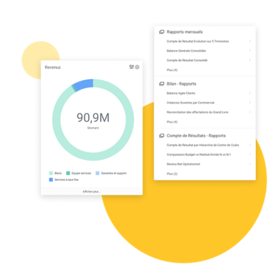 Worklets d'analyse financière et de reporting présentant les revenus et les types de rapports pouvant être générés.