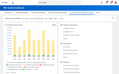 Auditor Dashboard with bar graph of operating expenses by cost centre.