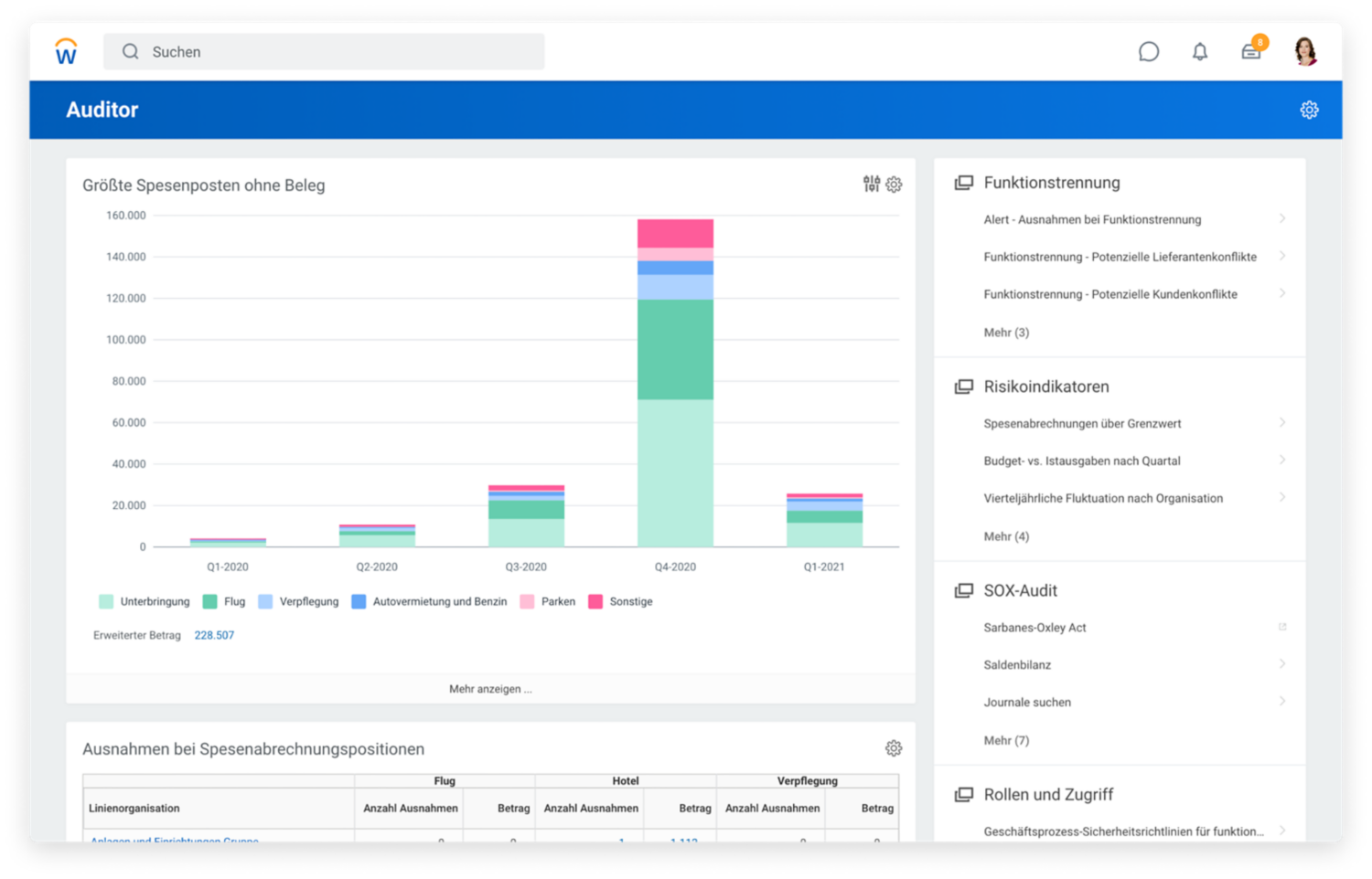 Auditoren-Dashboard mit Balkendiagramm der größten Spesenposten ohne Beleg