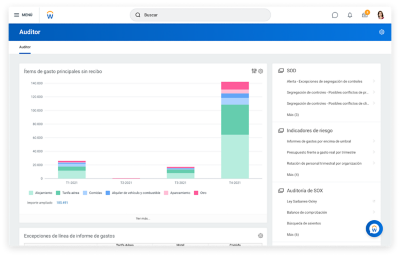 Tablero de mando de auditor que muestra gráfico de barras de conceptos de gastos principales sin recibo.
