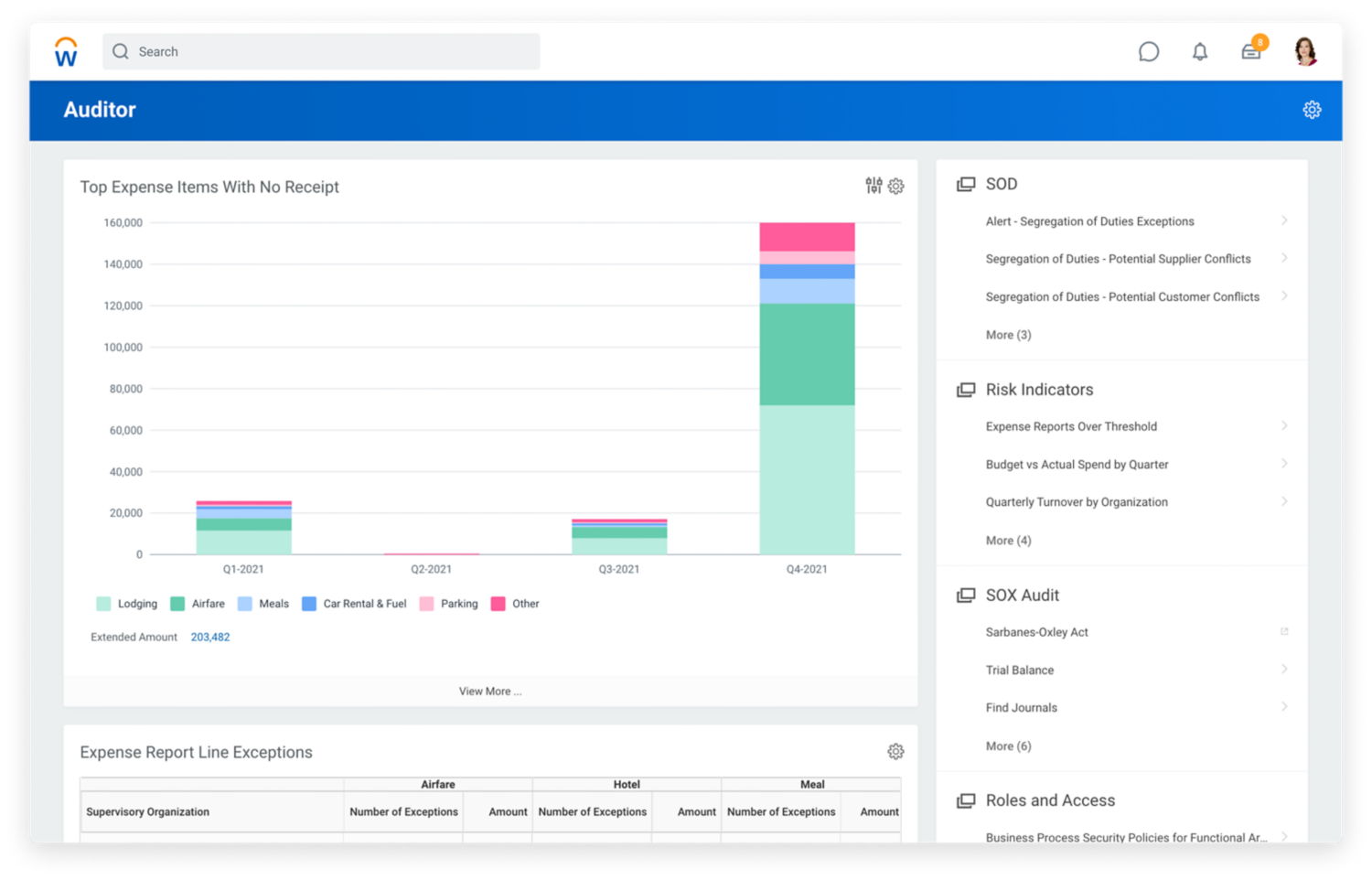 Auditor dashboard showing bar graph of top expense items with no receipt.