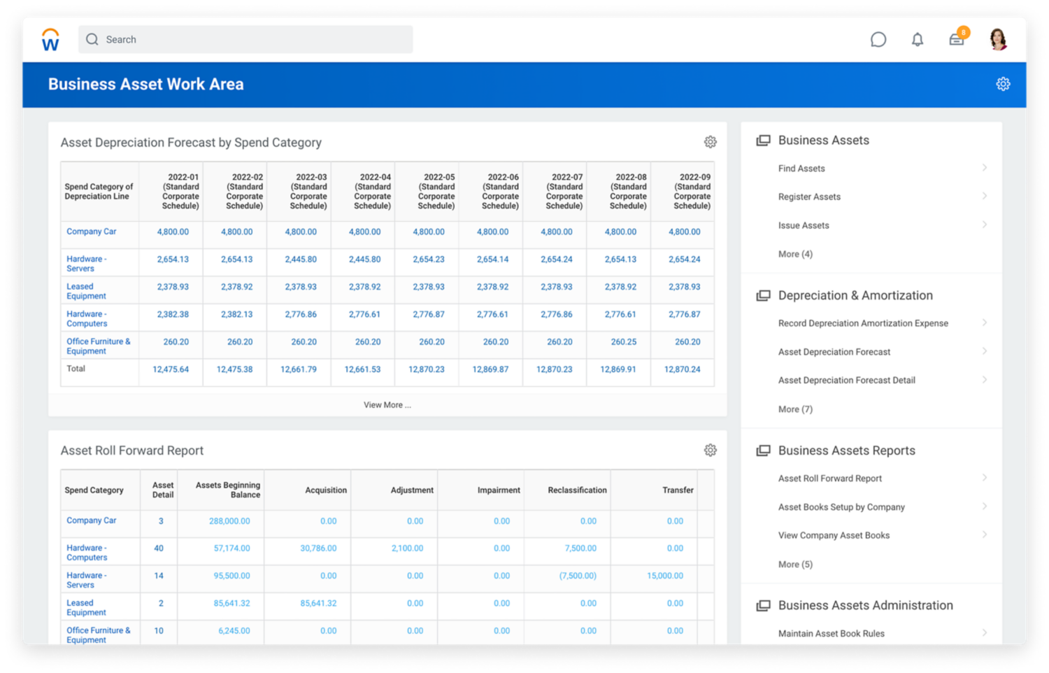 screenshot of financial management business assets in desktop view