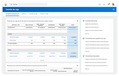 Tablero de mando de gestión de caja que muestra la situación del efectivo a final de mes en la moneda del informe.