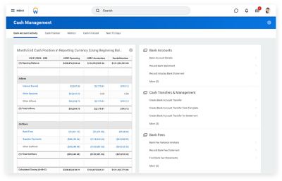 Cash management dashboard showing month-end cash position in reporting currency.