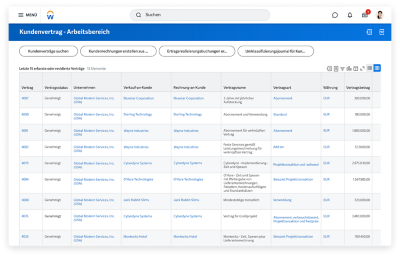Kundenvertrag-Arbeitsbereich mit einer Tabelle der 15 zuletzt eingegebenen oder revidierten Verträge