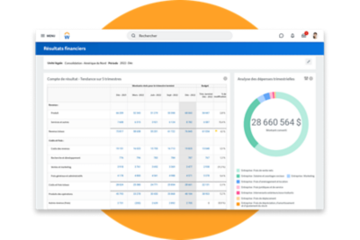 Tableau de bord des résultats financiers présentant un compte de résultat et un diagramme circulaire représentant l'analyse des dépenses trimestrielles.