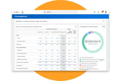 Dashboard für Finanzergebnisse mit Gewinn- und Verlustrechnung sowie Kreisdiagramm zur Darstellung der vierteljährlichen Aufwandsanalyse