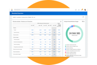 Tableau de bord des résultats financiers montrant l’état des résultats et un graphique circulaire pour l’analyse des dépenses trimestrielles.