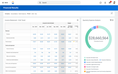 Financial accounting results dashboard showing income statement and quarterly expense analysis.