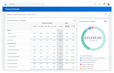 财务会计结果显示损益表和季度费用分析。