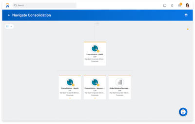 Scherm 'Navigate Consolidation' voor een internationale organisatie.