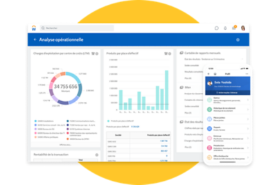 Capture d’écran de la présentation de l’information financière dans l’application bureau de gestion financière et capture d’écran de fonctions de recrutement dans l’appli mobile.