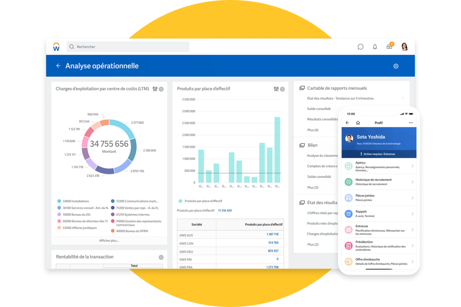 Capture d’écran de la présentation de l’information financière dans l’application bureau de gestion financière et capture d’écran de fonctions de recrutement dans l’appli mobile.