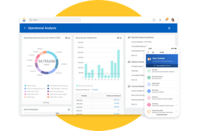 financiële managementrapportage en Schermafbeelding van een mobile met Workday-recruitmentsoftware