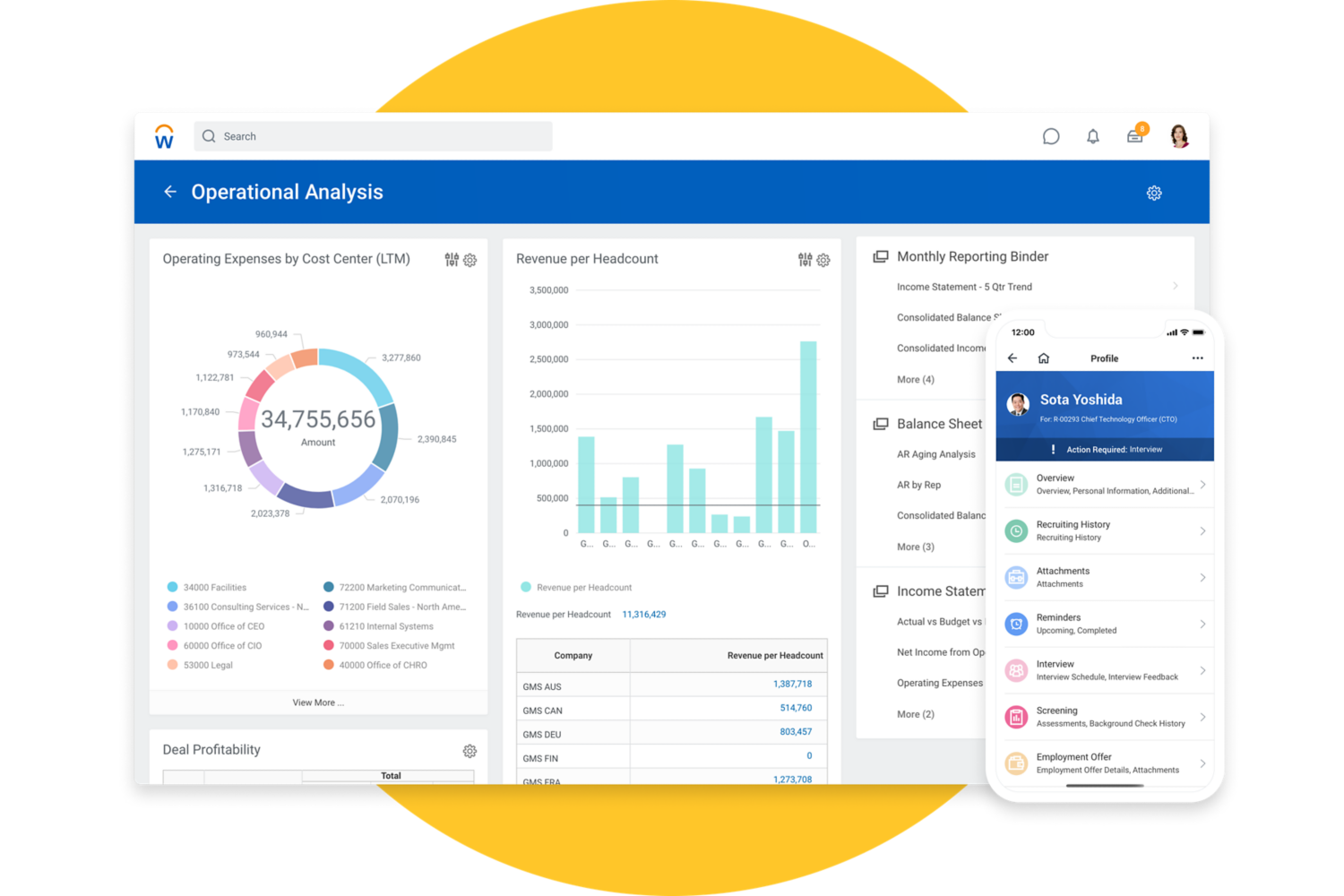 financiële managementrapportage en Schermafbeelding van een mobile met Workday-recruitmentsoftware