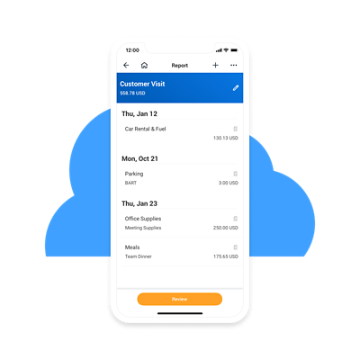 Schermata mobile del dashboard di una nota spese su dispositivo mobile che mostra spese effettuate in date diverse.