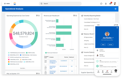 Capture d'écran de la version de bureau du reporting de gestion financière et capture d'écran de la version mobile du recrutement.