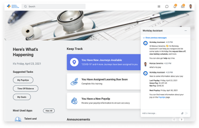 Workday-Home-Seite mit Workday Assistant für das Gesundheitswesen