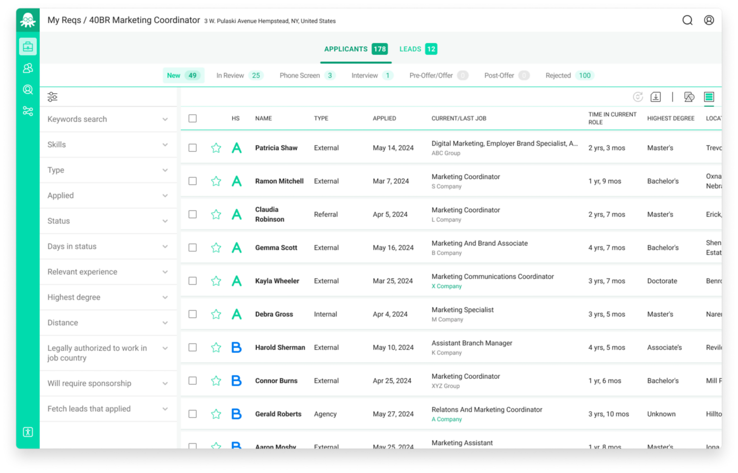HiredScore AI for Recruiting’s Spotlight inbox identifies top talent fairly and efficiently through unbiased, AI-driven candidate grading.