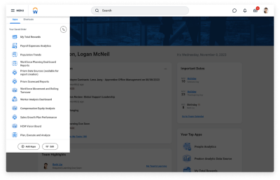 Desktop view of what it looks like to use the navigation panel to access reports and dashboards from the Workday homepage.