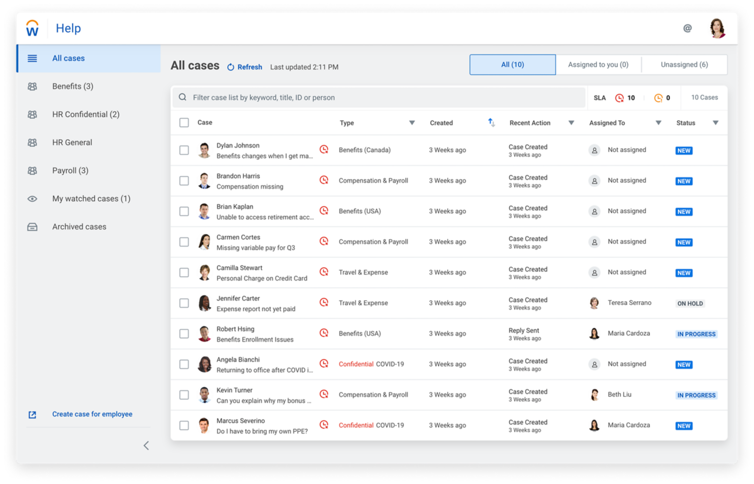 HR service center showing a listing of cases.