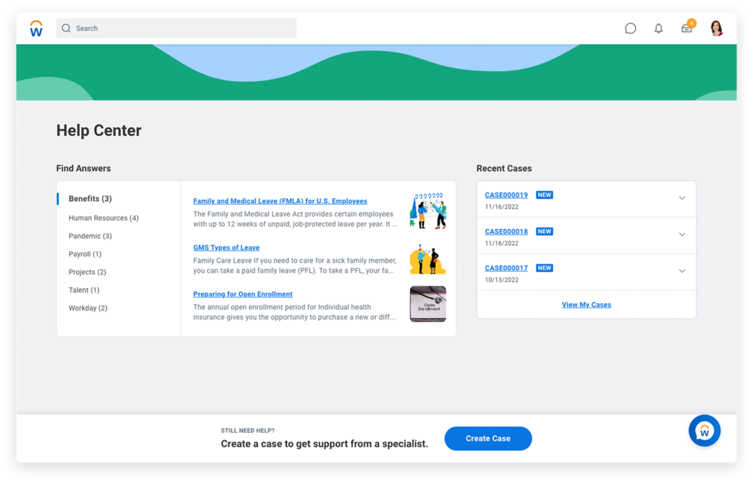 Workday ヘルプ センターでは、社員に関連する知識トピックとケース履歴を俯瞰的に確認できます。