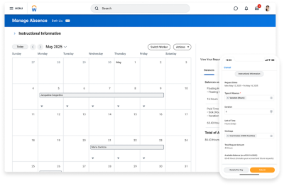 Absence calendar on desktop and mobile phone showing Workday Assistant chatting about time off balance.