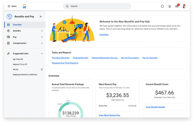 Screenshot of the Benefits &amp; Pay Hub on desktop.