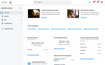  Screenshot of Human Capital Management showing employee Benefits and Pay Overview dashboard.
