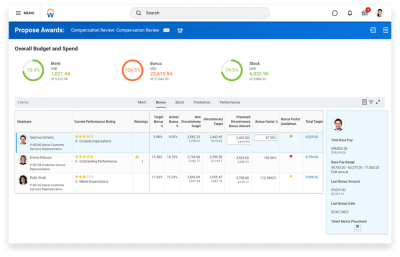 Compensation management dashboard showing organization summary with overall budget and spend.