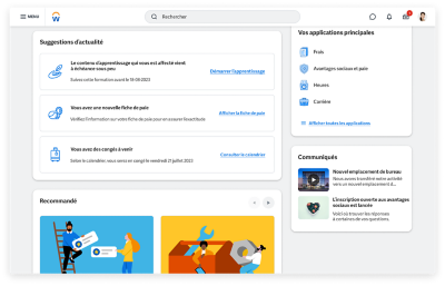 Capture d’écran montrant des vignettes personnalisées pour les notes de frais et la formation attribuée.
