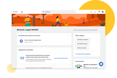 Capture d'écran montrant les cartes personnalisées relatives aux transactions de notes de frais et à l’assignation d’une formation.