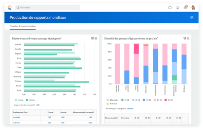 Global reporting dashboard showing bar graphs for average comp-ratio by courier and gender, and diversity age group by management level. 2020R1
