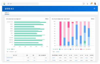 매니지먼트레벨별다양성및연령그룹,운송직원및성별에따른평균비교비율(CR)을막대그래프로보여주는글로벌리포트대시보드