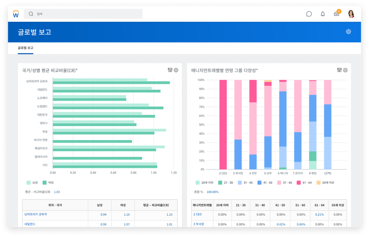 매니지먼트레벨별 다양성 및 연령 그룹, 운송직원 및 성별에 따른 평균 비교비율(CR)을 막대그래프로 보여주는 글로벌 리포트 대시보드