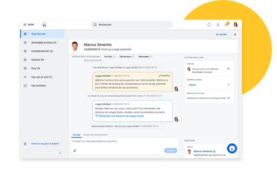 Tableau de bord de réponses RH présentant une conversation sur un dossier.
