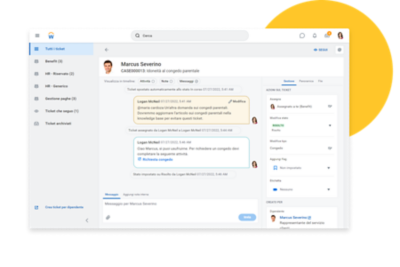 Dashboard di HR Answers che mostra una conversazione su una richiesta di assistenza.
