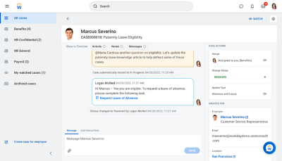 Screenshot of HR Answers dashboard showing a case conversation.