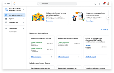 Tableau de bord de gestion des ressources humaines montrant les pourcentages de rétention et d’engagement des talents ainsi qu’un graphique à barres pour le dénombrement des effectifs et les postes vacants.