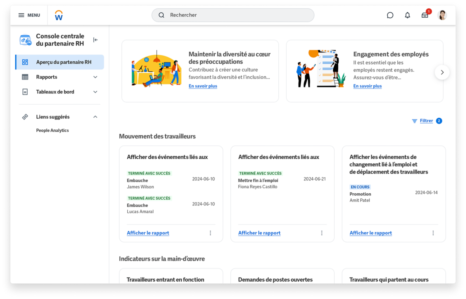 Tableau de bord de gestion des ressources humaines montrant les pourcentages de rétention et d’engagement des talents ainsi qu’un graphique à barres pour le dénombrement des effectifs et les postes vacants.