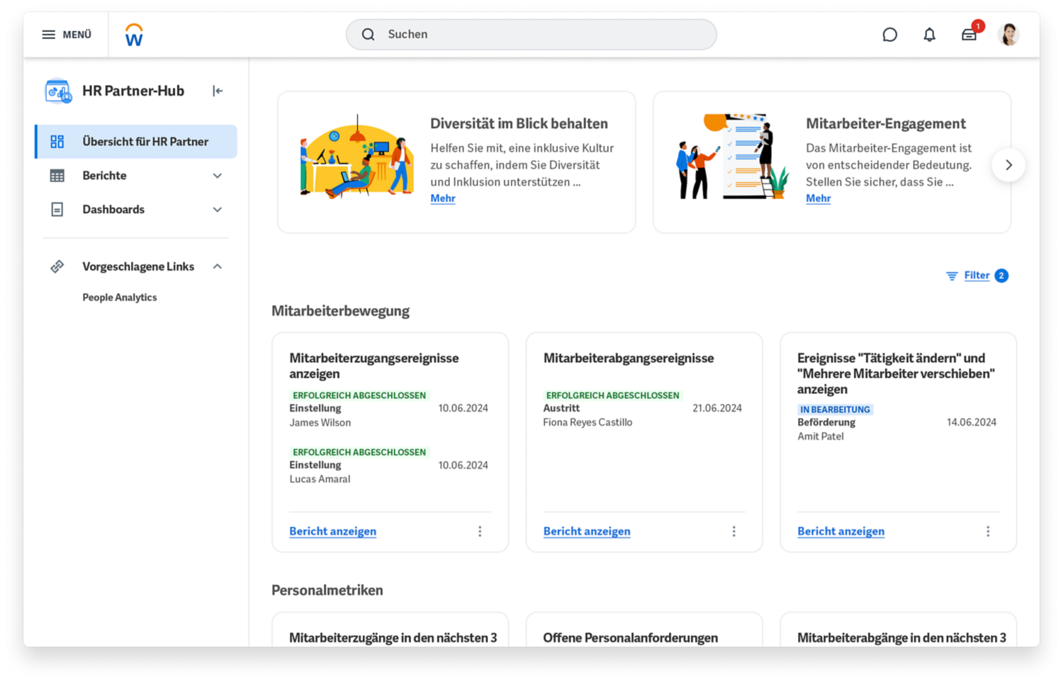 Human Resource Management-Dashboard mit Prozentsätzen zu Motivation und Bindung von Talenten und einem Balkendiagramm zu Headcount und offenen Stellen