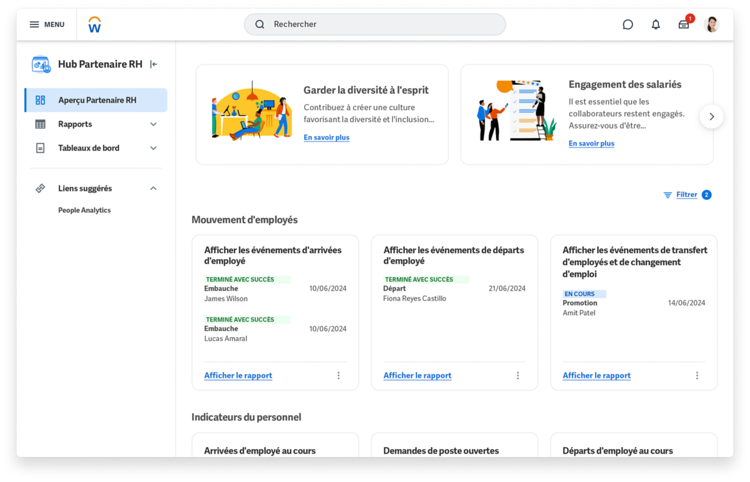 Tableau de bord de gestion des ressources humaines prsentant les pourcentages de talents attirs et fidliss, et un graphique  barres sur les effectifs et les postes  pourvoir.