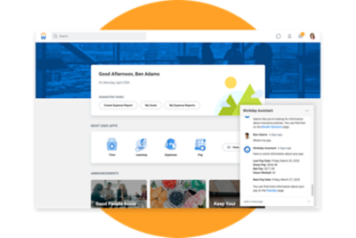 Workday Assistant answering benefits and pay questions on a desktop and mobile device.