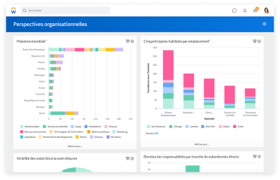 Organizational insights dashboard showing bar graphs for global footprint and top five skills by location. 2020R1