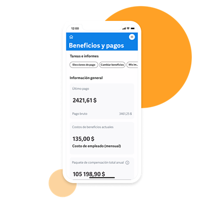 Vista de móvil de Workday Human Capital Management que muestra el tablero de mando de beneficios y pagos. 