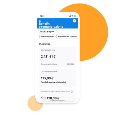Visualizzazione mobile di Workday Human Capital Management con il dashboard Benefit e remunerazione. 