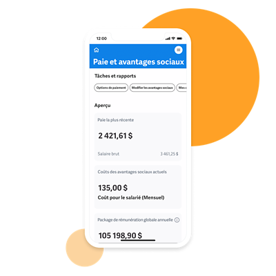 Vue de la version mobile de Workday Human Capital Management affichant le tableau de bord Paie et avantages sociaux. 