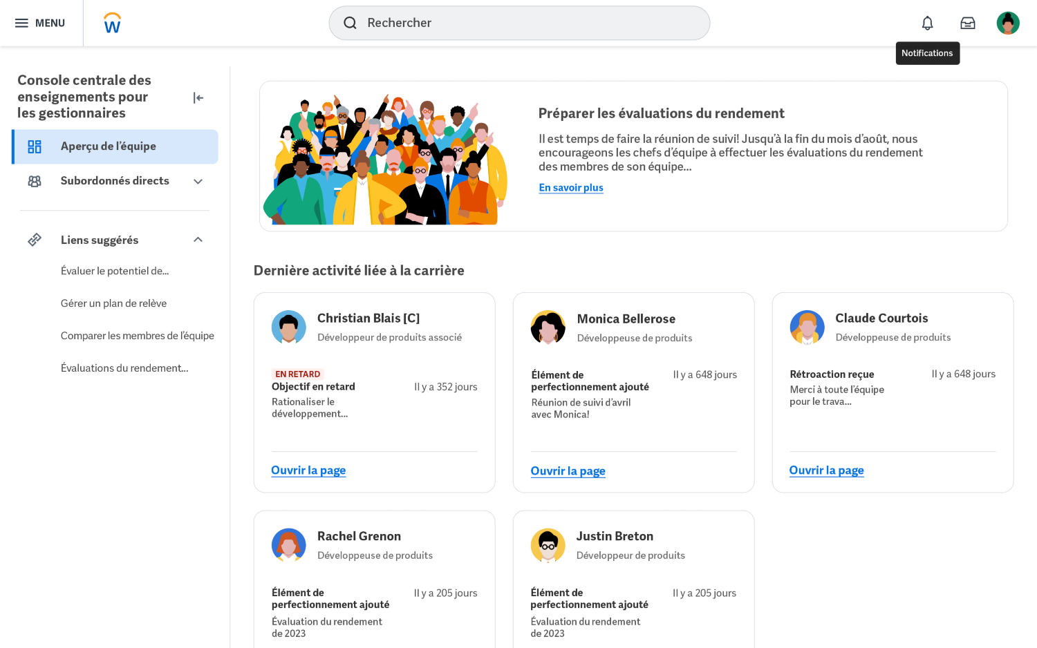 Capture d’écran de la Console centrale des enseignements pour les gestionnaires de Workday montrant l’activité professionnelle des employés.