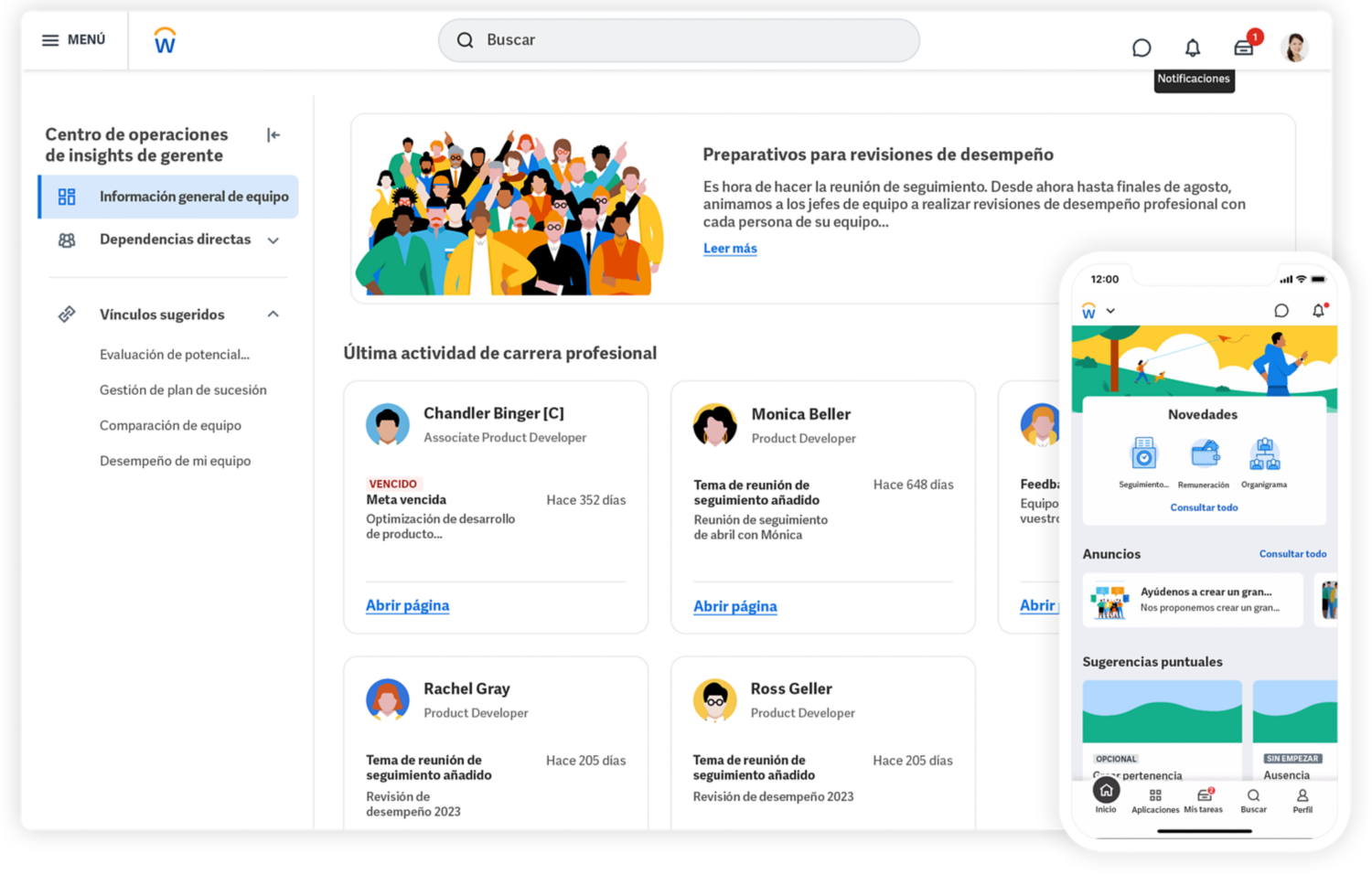 Captura de pantalla de Manager Insights Hub de Workday que muestra la actividad profesional de los empleados.