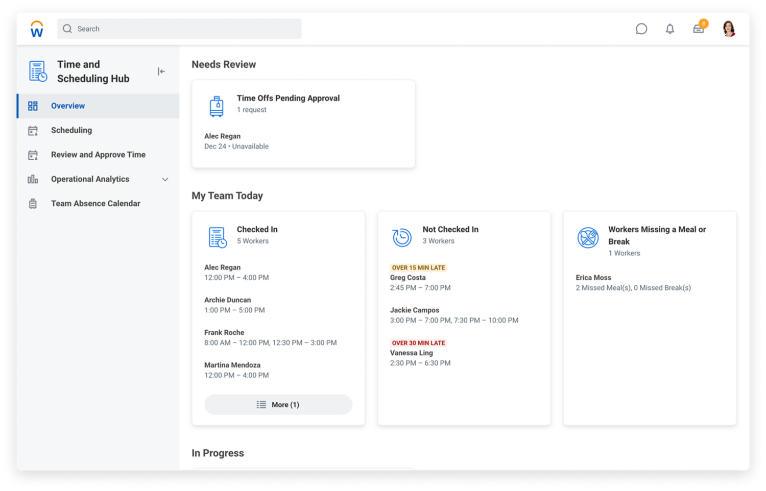 Time and absence dashboard showing time off balances and time analysis.